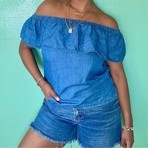 CAVALINI Shirt Denim Off-The-Shoulder Ruffle Y2K, 2000s Style